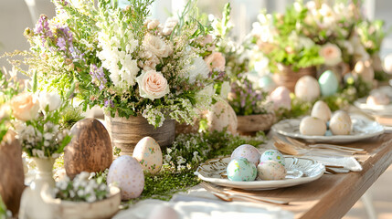 Beautifully set Easter table with an assortment of fresh flowers, decorated eggs and rustic wooden accents