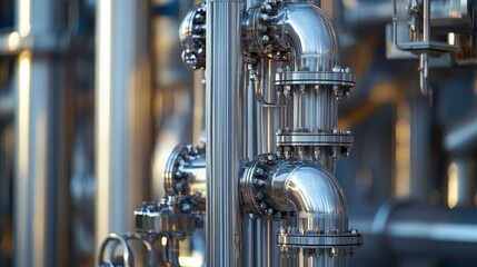 Close-up of shiny, stainless steel industrial pipes with valves, showcasing modern engineering and precision in a factory environment.