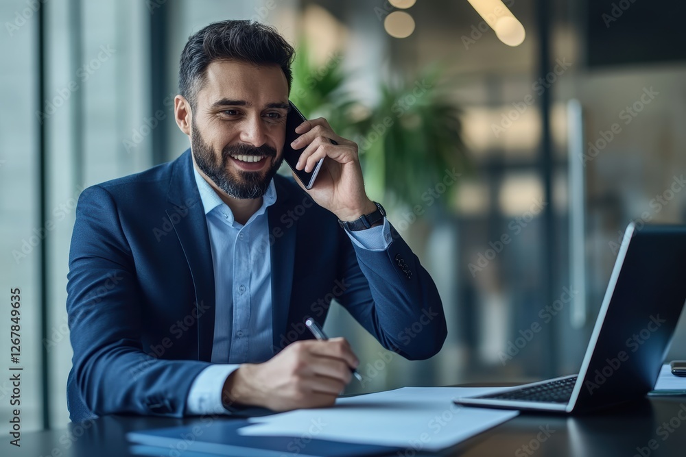 Poster professional man engaged in business conversation while taking notes in modern office setting