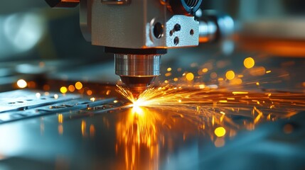 Close-up of a precision laser cutter in action, producing bright sparks while etching intricate designs into a metallic surface.