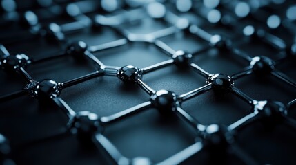A close-up view of a modern molecular structure with a dark, sleek background, showcasing interconnected atoms in a futuristic design.