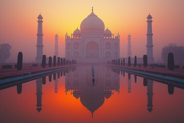 Naklejka premium Taj Mahal in India stands majestically during sunrise, reflecting in tranquil water amidst a misty atmosphere. Concept highlights beauty of Taj Mahal in India, capturing timeless elegance.