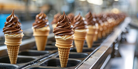Ice Cream Production Line with Chocolate Swirl Cones in a Factory Setting
