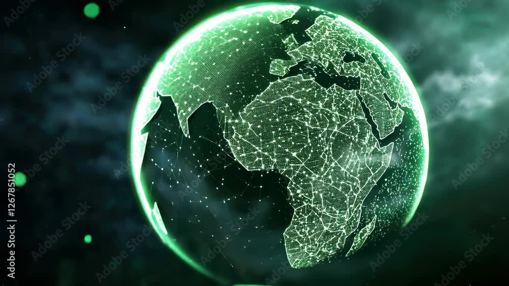 Poster futuristic glowing digital globe with green network connections representation of earth with interco