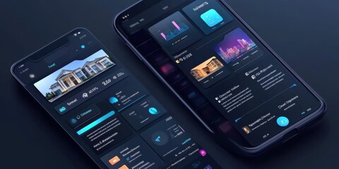 Smart Home Mobile App Interface Design:  Modern Dark UI UX for Property Management and Energy Monitoring