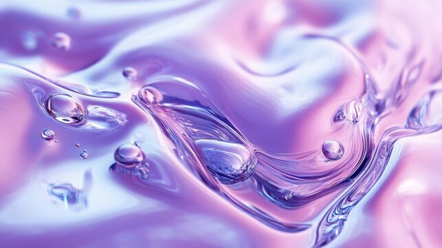 Close-up of iridescent liquid with droplets, displaying a blend of soft purple and blue hues, creating a dreamy and serene atmosphere.
