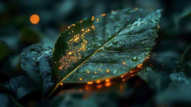 A symbolic image of sustainability and progress featuring a bright green leaf with embedded circuits