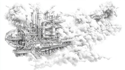 Fototapeta premium Industrial airship, steampunk, factory, smoke, flying machine