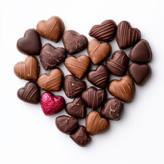 Fototapeta premium Chocolates of different textures and patterns creatively arranged in the shape of a heart for Valentine's Day