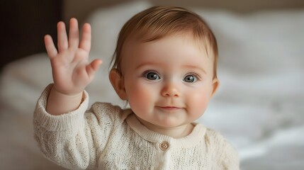 Adorable baby waving hello or goodbye in sweet, heartwarming portrait