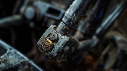A close-up view of a muddy, worn-out joint from a heavy machinery component, showcasing the intricate details of its wear and tear.