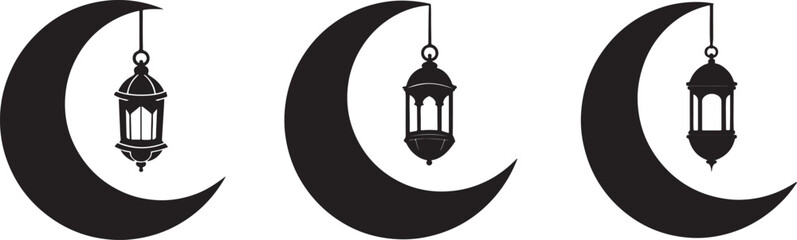 set of lantern hanging on crescent moon silhouette, black and white silhouette, vector and illustration