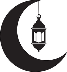 lantern hanging on crescent moon silhouette, black and white silhouette, vector and illustration