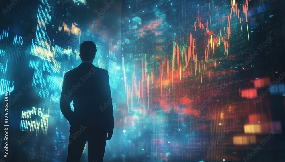 Poster analyzing dynamic financial data graphs for profitable stock trading: a businessman's strategy for s
