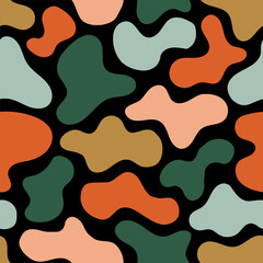 Cartoon fun kid seamless pattern with multicolor clouds. Liquid amoeba shaped forms. Colorful freeform blotches, organic shapes. Groovy childish design for cover, poster, banner, wallpaper, wrapping.