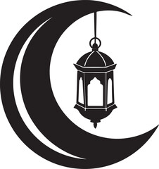 lantern hanging on crescent moon silhouette, black and white silhouette, vector and illustration
