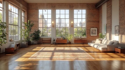 Sunlit loft apartment living room, city view, hardwood floor, interior design