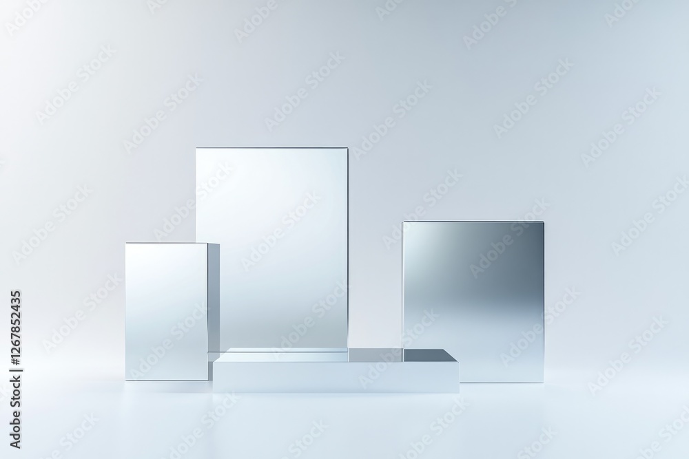 Poster dynamic view of floating metallic squares arranged in grid with reflections creating modern industri