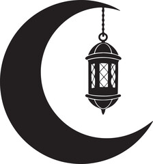 lantern hanging on crescent moon silhouette, black and white silhouette, vector and illustration © 69creativedesigner