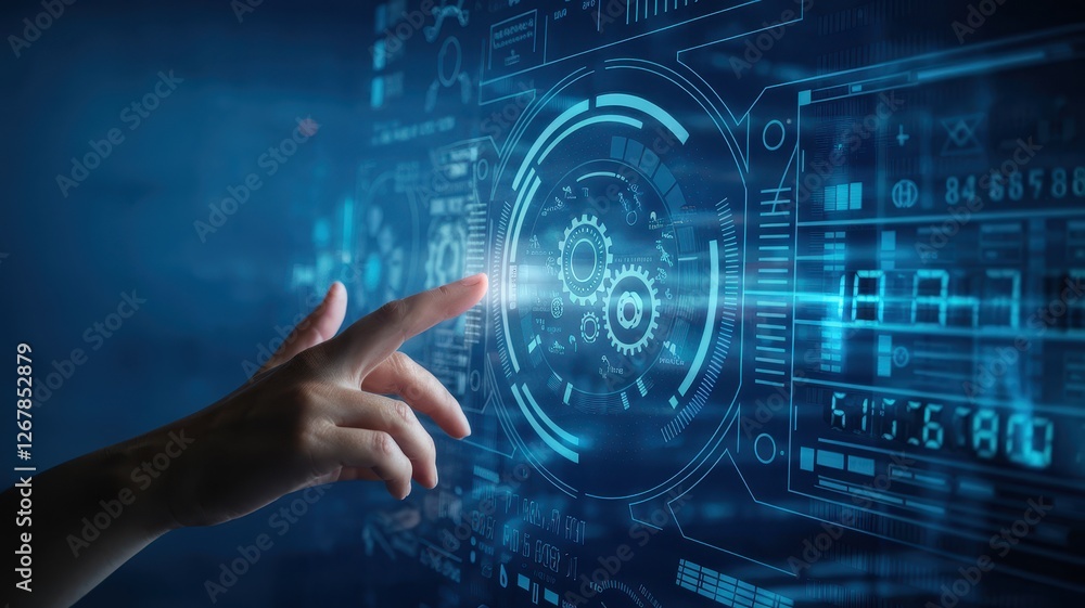 Poster finger touches a digital interface with gears and data