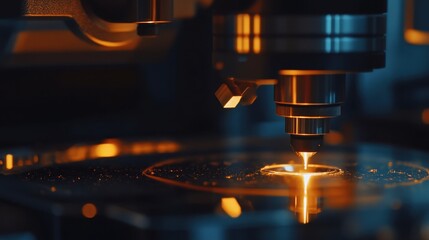 Close-up of a laser cutting machine in action, showcasing precision technology with vibrant orange and blue lighting.
