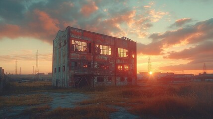 Obraz premium abandoned industrial building at sunset exterior view of factory ruins broken wall rusty facade vintage architecture derelict construction empty structure urban decay grunge