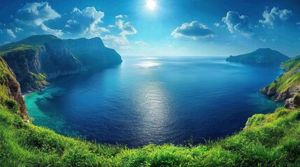 Fototapeta premium A serene coastal landscape with vibrant blue waters and lush greenery.