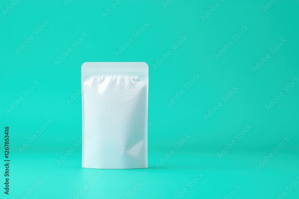 Poster glossy stand-up pouch mockup positioned upright on vibrant teal solid background with soft lighting 