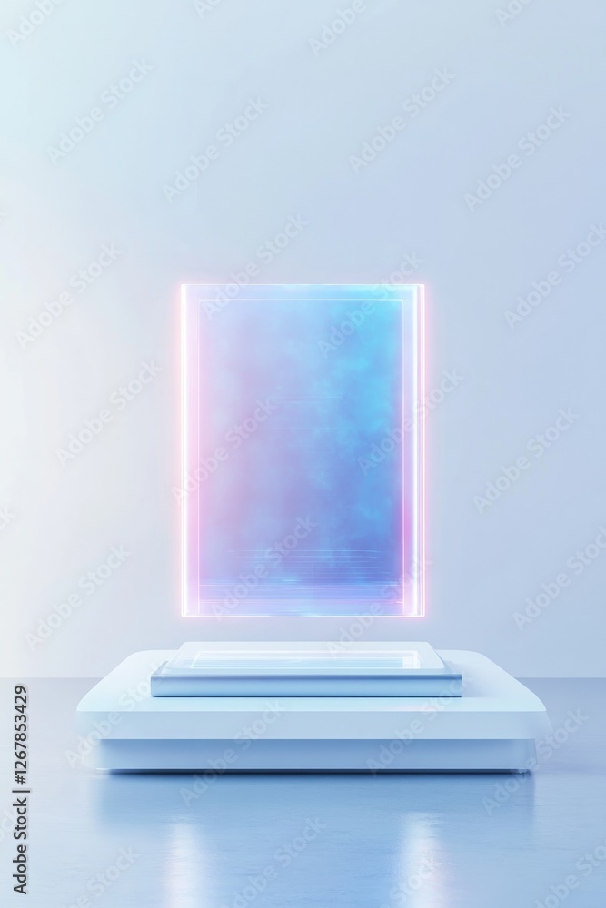Aufkleber futuristic white and silver console with glowing holographic elements set in clean minimal environme