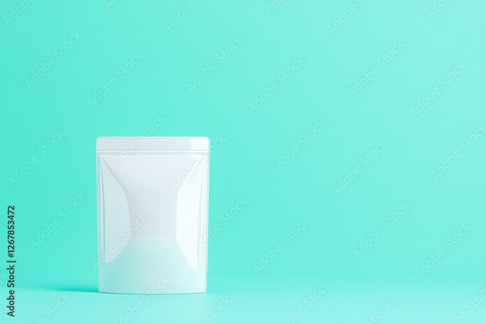 Poster glossy stand-up pouch mockup positioned upright on vibrant teal solid background with soft lighting 