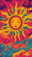 A vibrant 1970s psychedelic poster with wavy, groovy lines in bright orange, pink, and yellow. The design features a retro-styled sun with a face, surrounded by swirling clouds