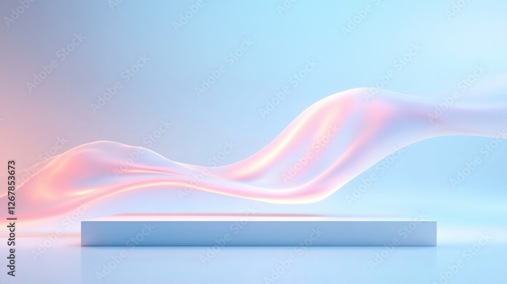 Poster glowing high-tech fabric draped over sleek white platform illuminated by soft lighting and surrounde