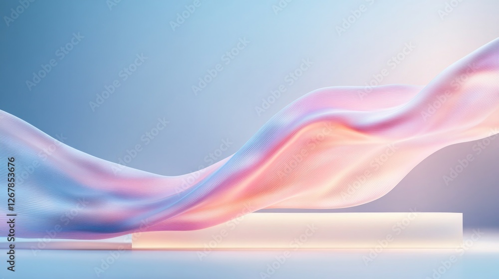 Aufkleber glowing high-tech fabric draped over sleek white platform illuminated by soft lighting and surrounde