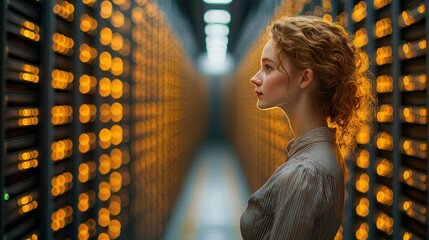Woman, data center, server room, profile, technology, future, innovation, glowing, background, IT