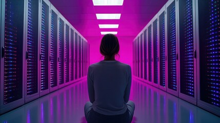 Woman meditates in neon-lit server room