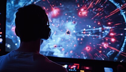 Man Live Streaming Gaming Session, Interacting With Audience, And Conquering Enemies In Flying Game. Gamer Streaming Live Sf Videogame, Shooting Asteroids, And Engaging With Fans.