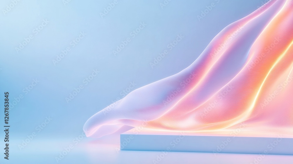Poster glowing high-tech fabric draped over sleek white platform illuminated by soft lighting and surrounde