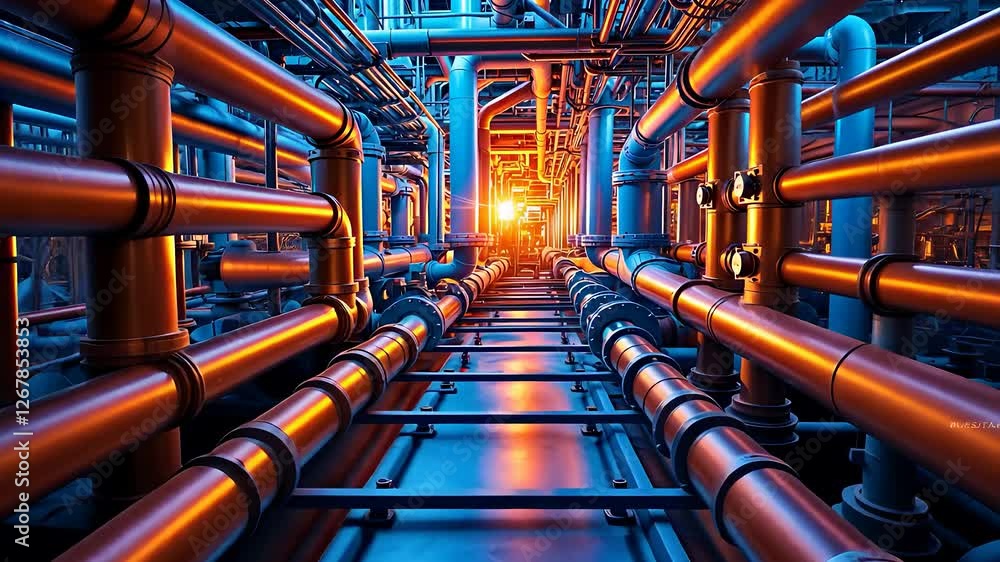 Aufkleber industrial pipeline system with metallic tubes and valves in a factory setting illuminated by warm l