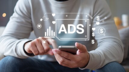 Man interacts with a phone displaying ads and other icons