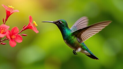 Fototapeta premium Hummingbirds and red flowers dance together