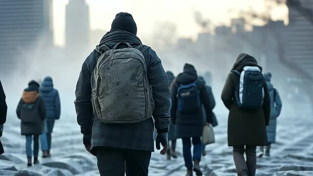 People Evacuating a City on Foot During a Natural Disaster