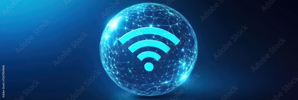 Poster wi-fi network icon protected within a transparent sphere showcasing digital connectivity
