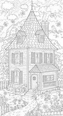 Fototapeta premium Detailed House & Home Building Design Coloring Book: Outline Sketch Doodle Illustrations with Page Drawing Elements