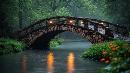 Rainy day stone bridge, park, tranquil scene, travel poster