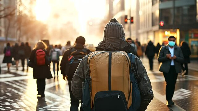 People Evacuating City on Foot During Natural Disaster