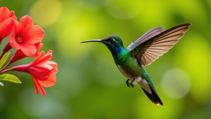 Fototapeta premium Hummingbirds and red flowers dance together