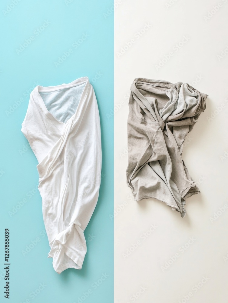 Poster comparison of freshly laundered clothes and dirty laundry side by side for an impactful visual detai