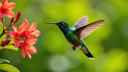 Fototapeta premium Hummingbirds and red flowers dance together