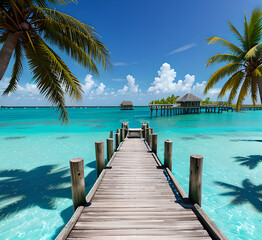 Fototapeta premium Сloseup calm sea water waves with palm trees.Beautiful sunrise sunset sunlight.Tropical island beach landscape exotic shore coast. Summer vacation,holiday amazing nature Relax paradise.generative ai