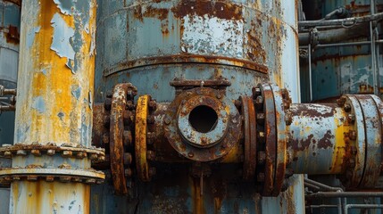 A close-up of an aged, rusty industrial pipe with weathered blue and orange paint, showcasing the beauty of decay and the passage of time.